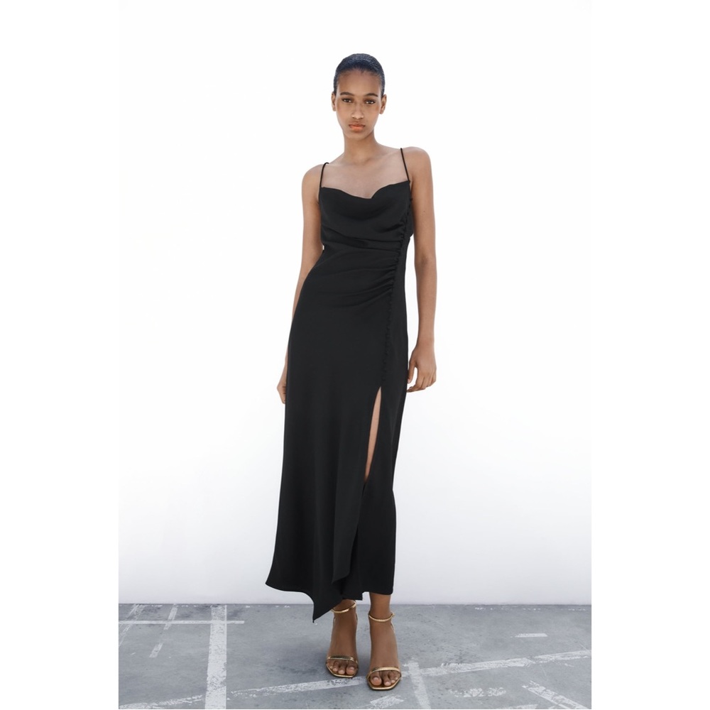 Zara | Dresses | Zara Black Camisole Satin Slip Midi Dress Cowl Neck  Buttons Size Small | Poshmark